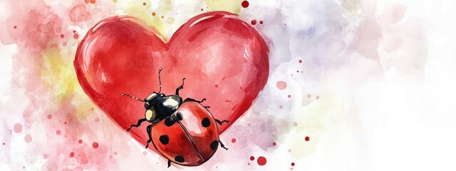 Charming Watercolor Art of a Ladybug Resting on a Heart for Love and Romance