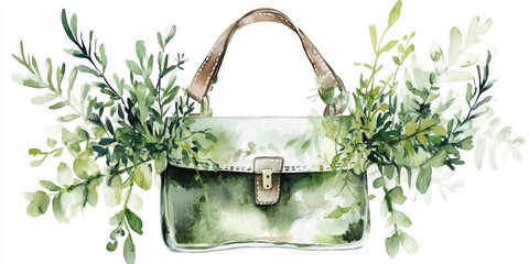 Elegant Watercolor Handbag with Lush Greenery for Nature-Inspired Fashion