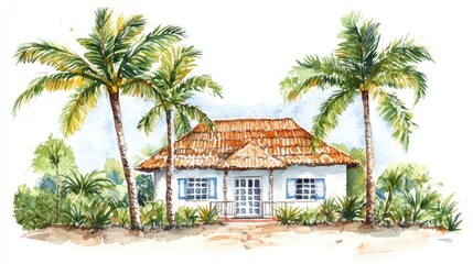 Fototapeta premium Charming Tropical Cottage Surrounded by Lush Palm Trees in a Vibrant Watercolor Style