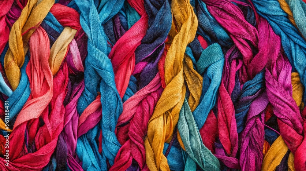 Poster colorful twisted fabric ropes create a vibrant and abstract pattern, ideal for backgrounds and creat