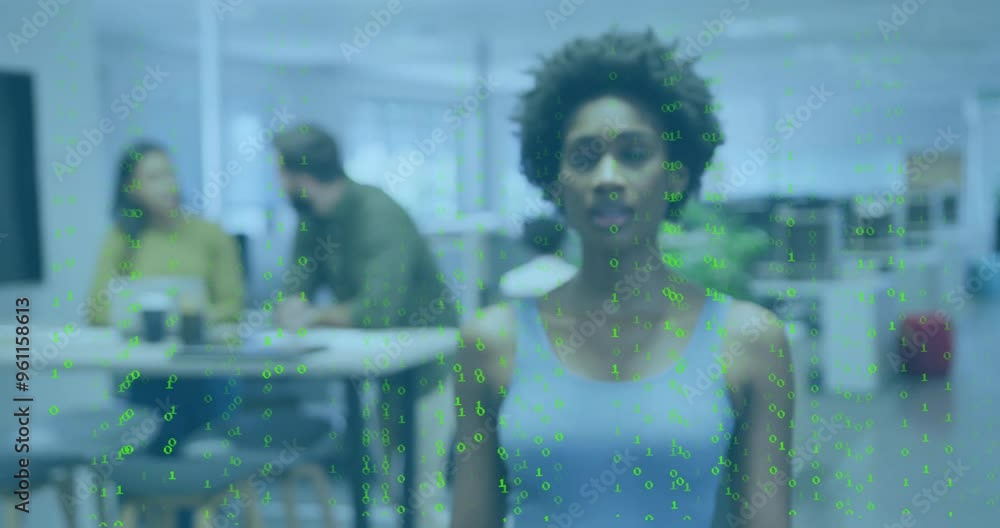 Poster binary code animation over diverse people working in modern office
