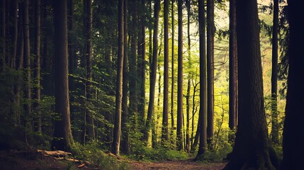 Fototapeta premium Serene forest with tall trees and soft, dappled light filtering through the leaves.