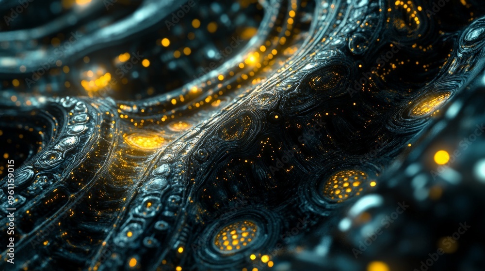 Poster futuristic abstract background with glowing yellow and blue lights, depicting intricate technology a