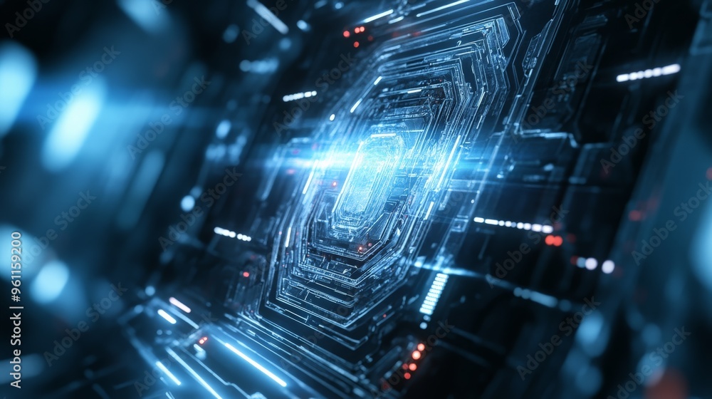 Poster futuristic digital circuit board with glowing blue lights, representing advanced technology and inno