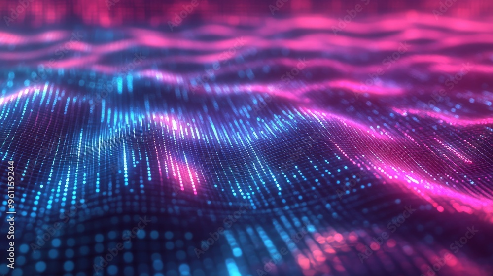 Poster futuristic digital abstract background with vibrant pink and blue glowing waves, representing techno