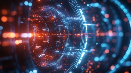 Obraz premium Futuristic digital tunnel with glowing blue and orange lights, creating a sci-fi and technological abstract background.