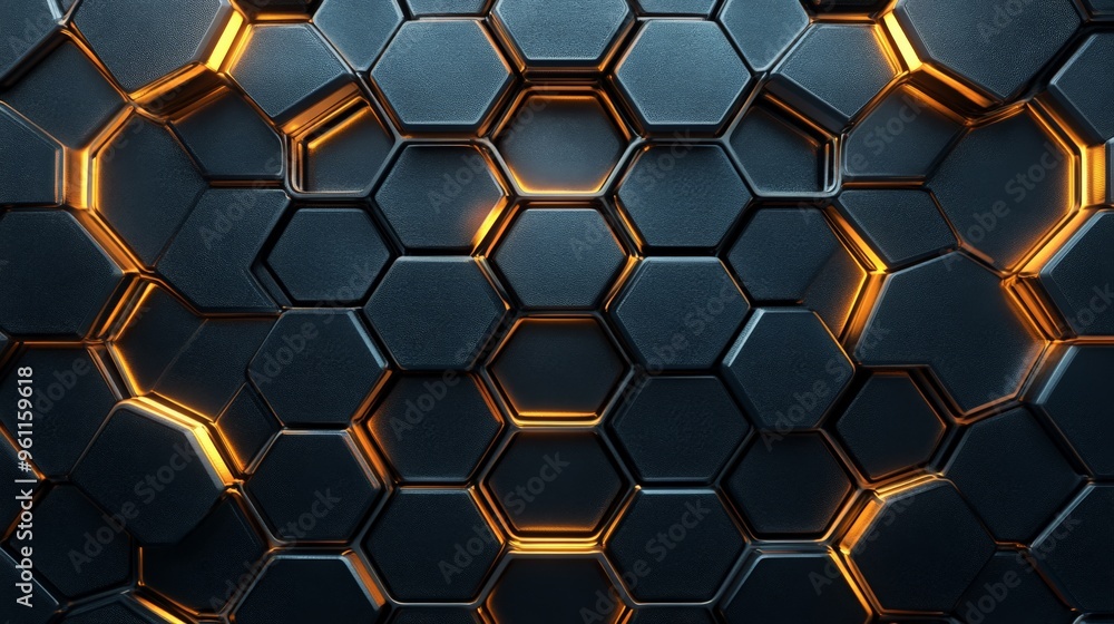 Poster futuristic hexagonal metallic pattern with glowing orange light accents, perfect for tech and sci-fi
