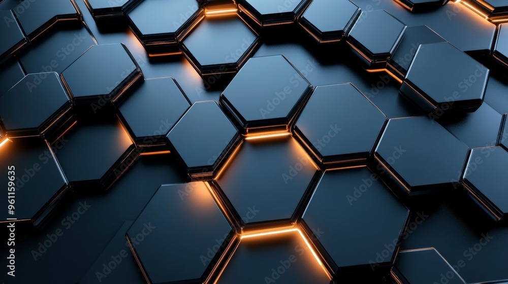 Wall mural Futuristic hexagonal pattern with glowing orange light. 3D render of technology background. Geometric shapes and abstract design.