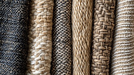 Closeup of woven rug samples in various textures and colors.