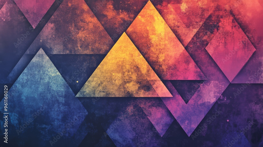 Poster geometric abstract art with vibrant triangles, blending colorful gradients, and creating a dynamic m