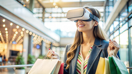 Beautiful young woman using virtual reality headset and holding shopping bags in shopping mall
