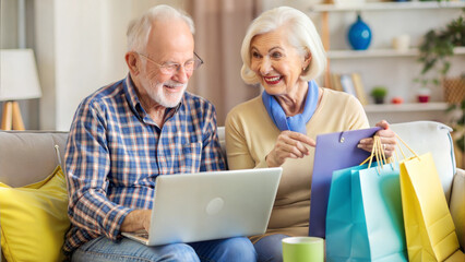 Fototapeta premium happy senior couple with shopping bags and laptop at home on christmas