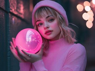 Naklejka premium Trendy Teen Female with Glittering Pink Ball and Phone