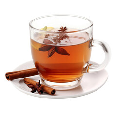 Delicious tea with spices served in a clear glass cup and saucer