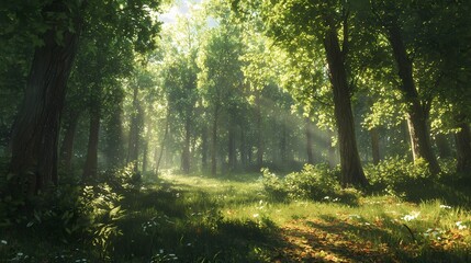 Obraz premium Serene forest scene with sunlight filtering through lush green trees.