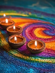 Happy Diwali, Diya oil lamps on colorful rangoli with copy space with generative ai