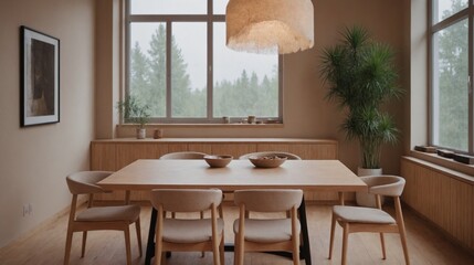 A small wooden theme dining room interior design image.