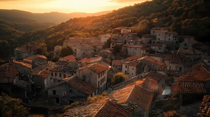 Obraz premium Scenic sunset over a rustic hilltop village with terracotta roofs.