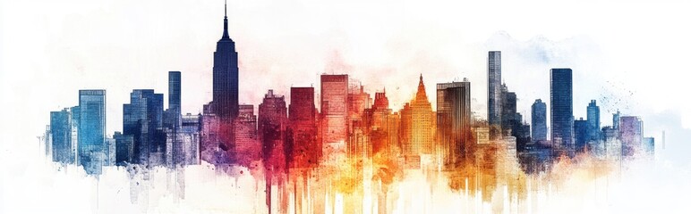 Vibrant Urban Skyline: Abstract Cityscape Illustration in Watercolor Style