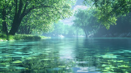 Obraz premium Serene river scene surrounded by lush greenery and tranquil water.
