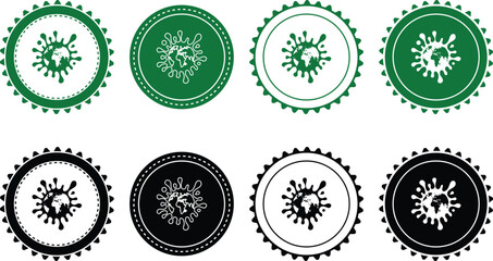 Ecology icon set. Ecology Stamps. Environment, sustainability, nature, recycle, renewable energy; electric bike, eco-friendly, forest, wind power, green symbol. Solid icons vector collection.