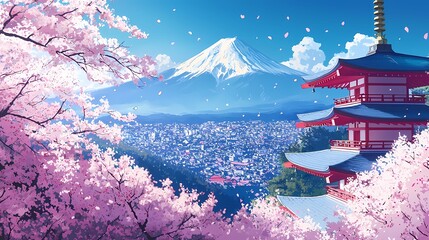 Obraz premium Serene view of a temple under cherry blossoms with Mount Fuji in the background.