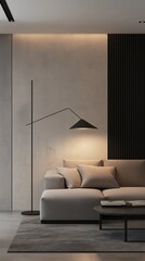 A modern and spacious living room with a minimalist design. 