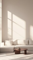 A modern and spacious living room with a minimalist design. 