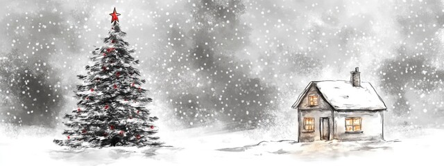 Fototapeta premium A Cozy Winter Scene with a Beautiful Christmas Tree and a Snowy House