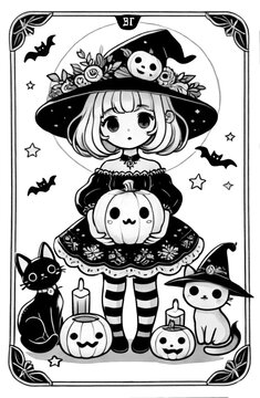Cute witch tarot card Clipart , Halloween and fall autumn coming