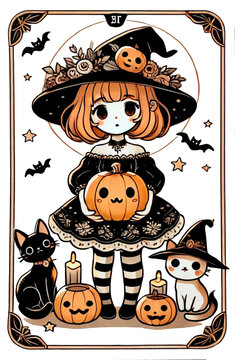 Cute witch tarot card Clipart , Halloween and fall autumn coming