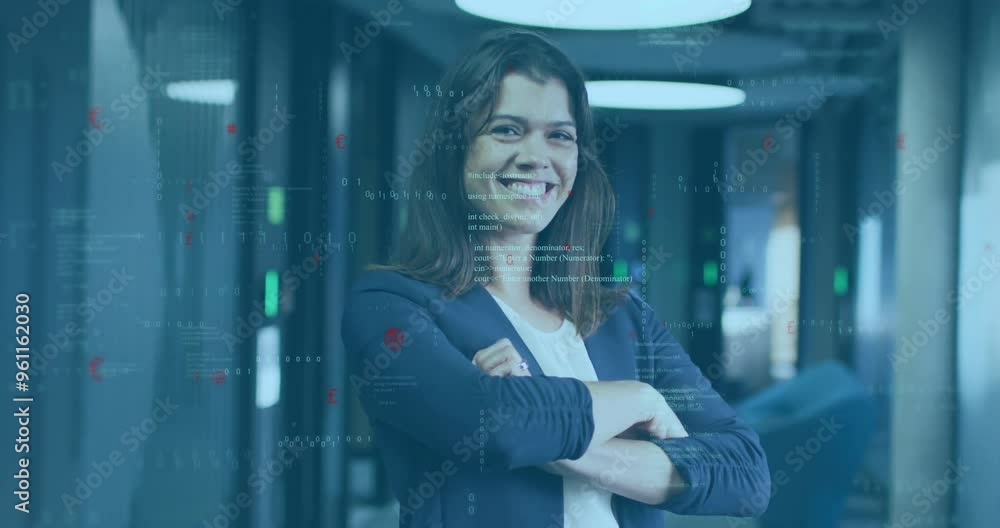 Poster smiling woman with crossed arms over programming code animation in office environment