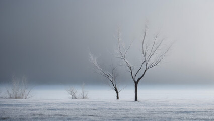 Fototapeta premium Blurred winter background of a snowy field with trees