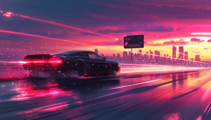 background with the image of a car driving in the background of the sun in purple tones, retrowave...