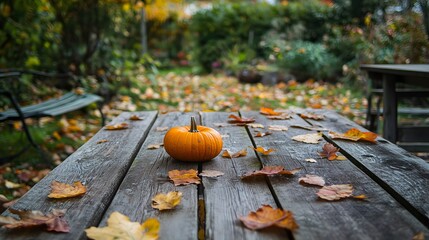 Rustic wooden table with pumpkins and autumn leaves in a peaceful garden, autumn, tranquility.