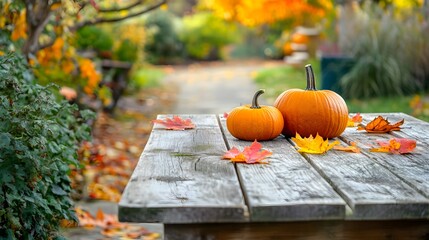 Rustic wooden table with pumpkins and autumn leaves in a peaceful garden, autumn, tranquility.