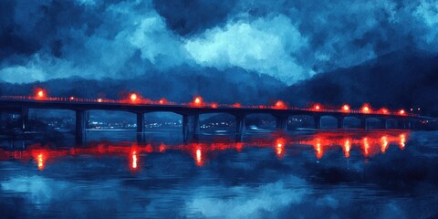 Serene Night Bridge Over Water: Captivating Reflections and Atmospheric Blue Tones