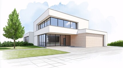 Modern Minimalist Home Design: Architectural sketch of a sleek and contemporary home, featuring clean lines, large windows, and a spacious layout. This illustration evokes a sense of modern luxury