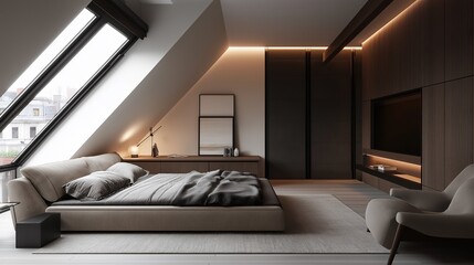 A modern attic bedroom with a loft-style design. 