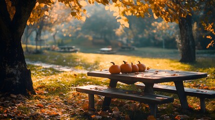 Serene picnic area with pumpkins and autumn leaves, gentle breeze, autumn, tranquility.