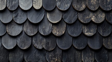 A detailed closeup view of a weathered clay black tile roof showcasing richly textured surfaces