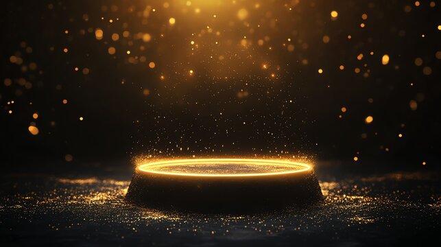 Fototapeta Golden light shines on a dark platform with glitter.