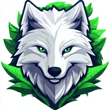 Detailed digital illustration of a white wolf with piercing blue eyes in a lush green leaf background