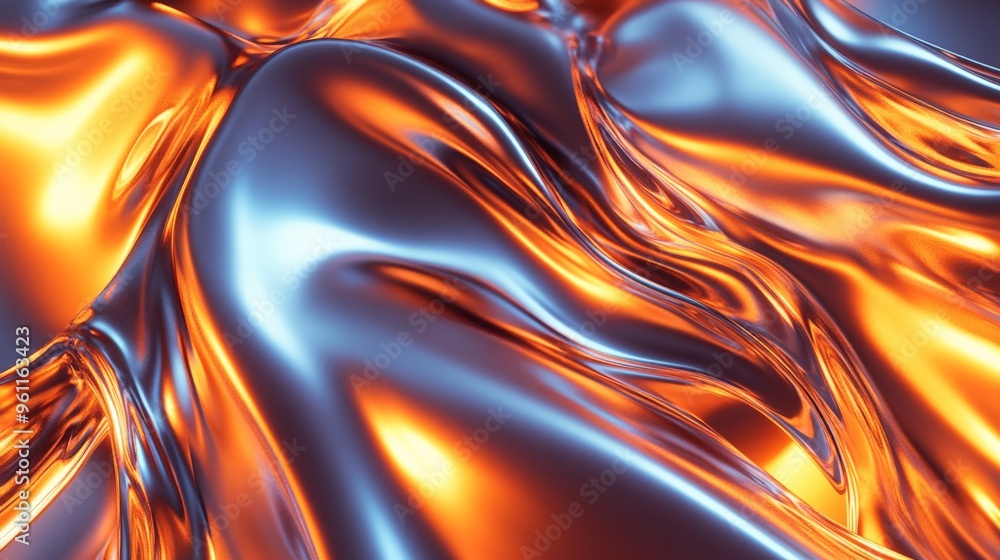 Poster vibrant abstract background with fluid metallic waves in blue and orange hues, creating a dynamic an