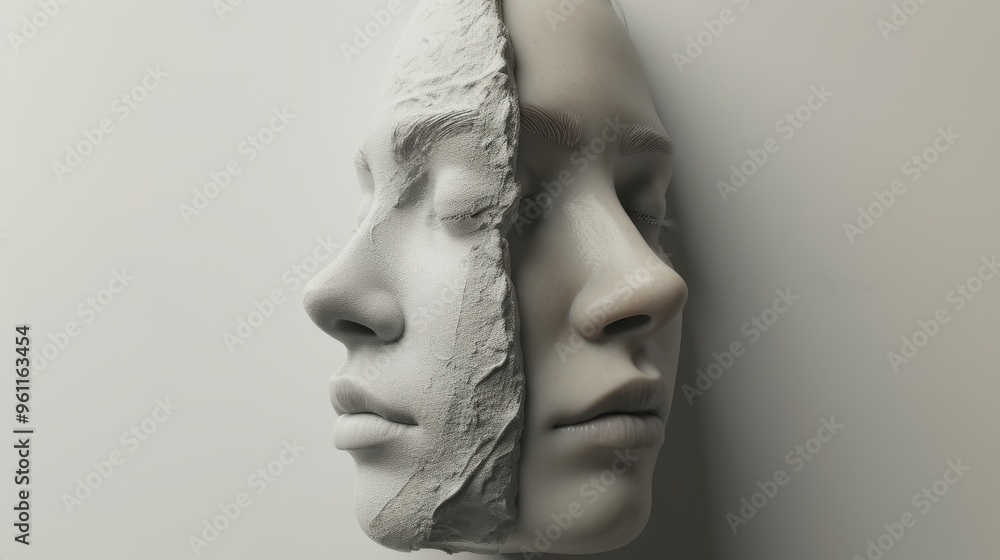 Aufkleber a striking sculpture of a face split into two halves, one smooth and the other textured. the contras
