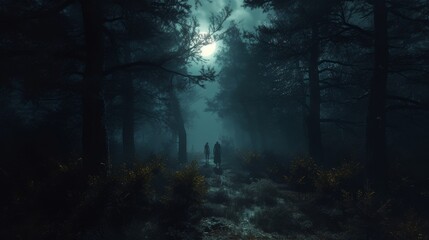 Two silhouettes walk down a misty forest path under the glow of the moon. The dense trees and creeping fog create a moody and mysterious atmosphere, as the light barely penetrates the shadows, adding