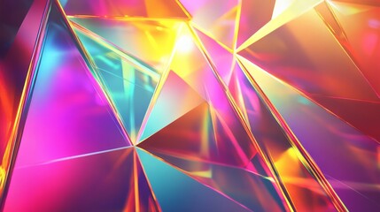 Vibrant abstract geometric background featuring colorful reflective crystals with prismatic light effects creating a dynamic visual experience.