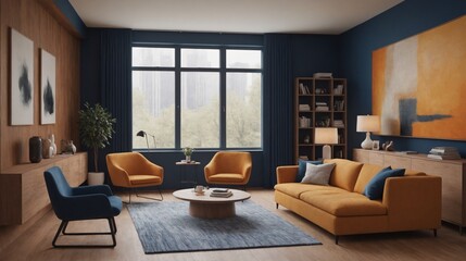 Fototapeta premium High-resolution living room interior design images with a yellow sofa set, and empty interior mock-up templates.