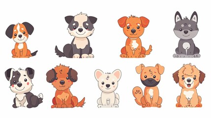 Fototapeta premium Eight Adorable Cartoon Dogs in Sitting Poses