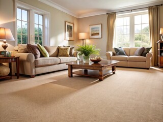 A warm and inviting light brown carpet with subtle texture and gentle sheen stretches across a modern living room, radiating warmth and comfort.